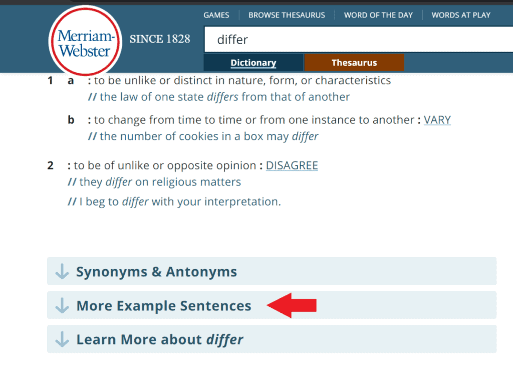 Screenshot from Merriam-Webster Online with a red arrow pointing to the drop-down menu for 