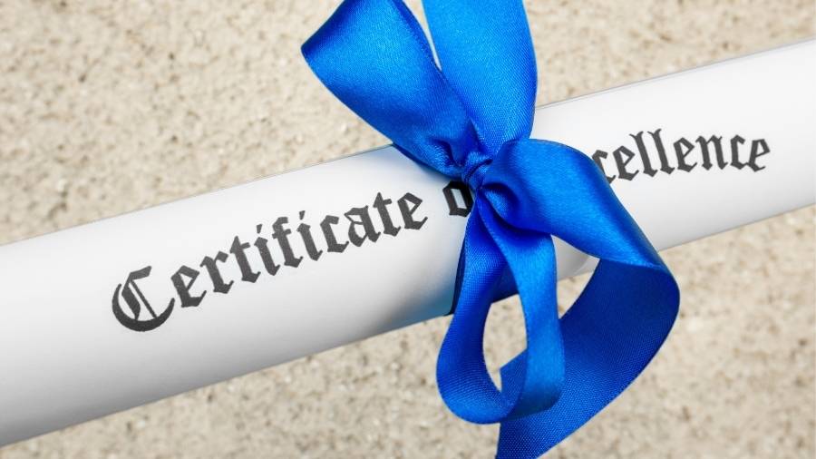 A certificate of excellence tied up in a bright-blue ribbon. 