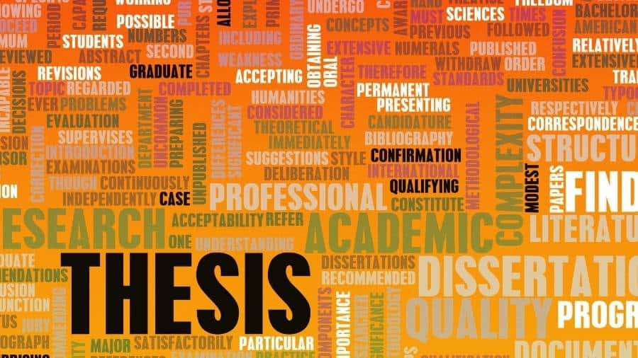 Numerous words related to academic proofreading (e.g., thesis, research, graduate) are written on an orange background.
