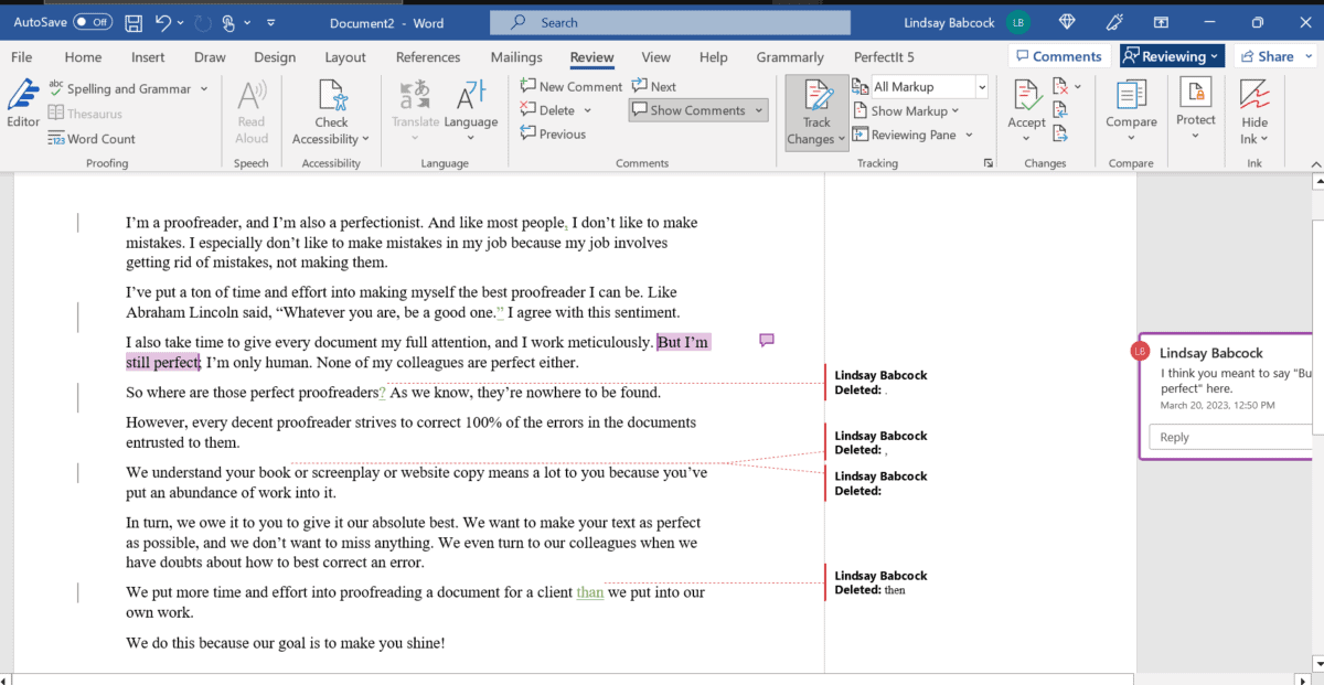 Screenshot of an MS Word document showing deletions, insertions, and a comment made by a proofreader using Track Changes. 