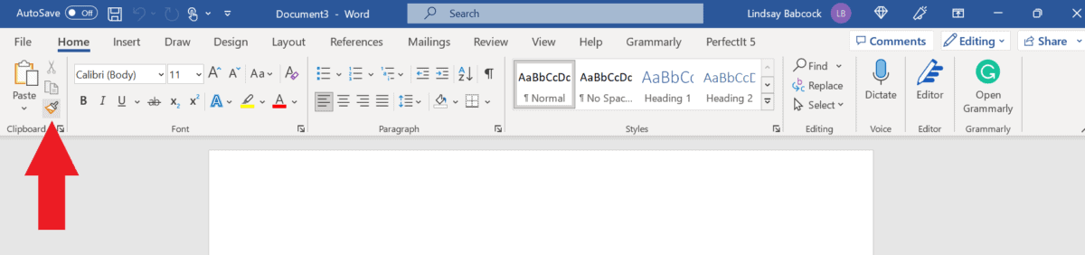 Screenshot in Microsoft Word with a red arrow showing where the Format Painter is located. 
