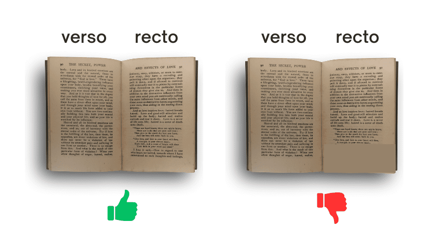 Two open books. One shows text in alignment across the verso and recto pages, but it’s misaligned in the other book.  