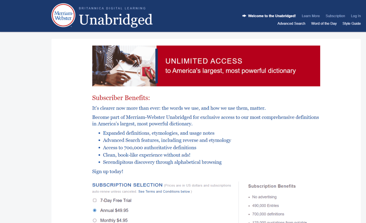 The subscription page of Merriam-Webster's Unabridged Dictionary. 